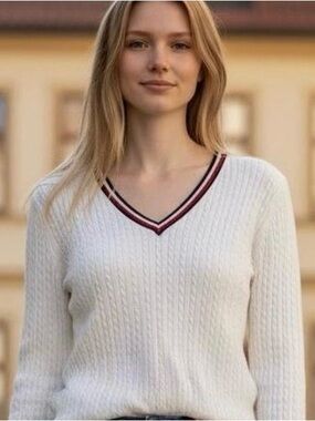 V-Neck Sweater in Cream with Navy & Red Trim S